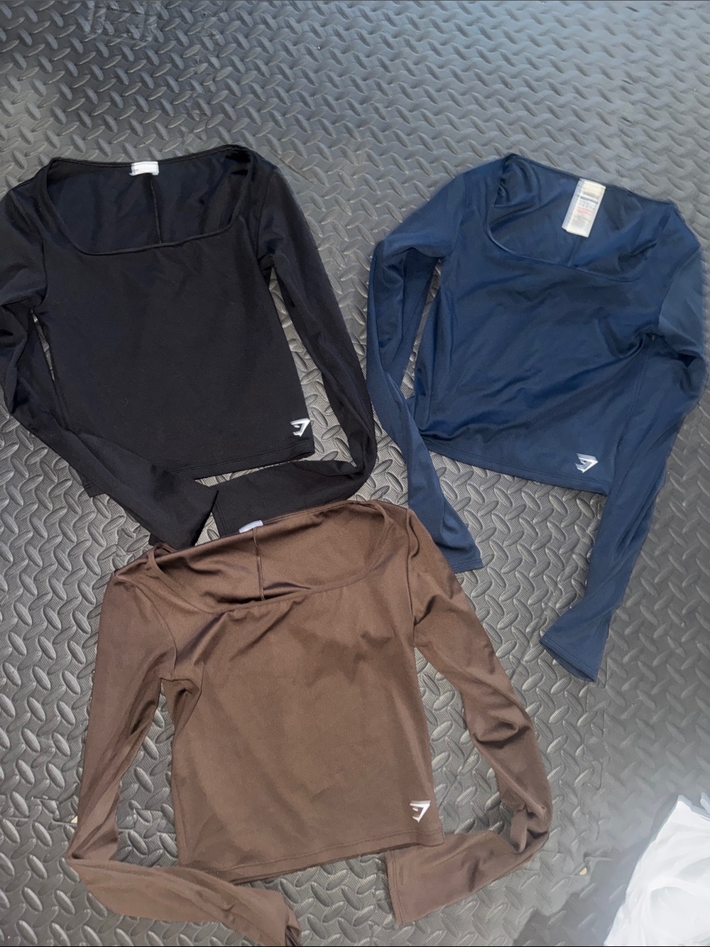 Gymshark Women's Long-Sleeve Scoop Neck Crop Top Trio - Black, Navy, Brown